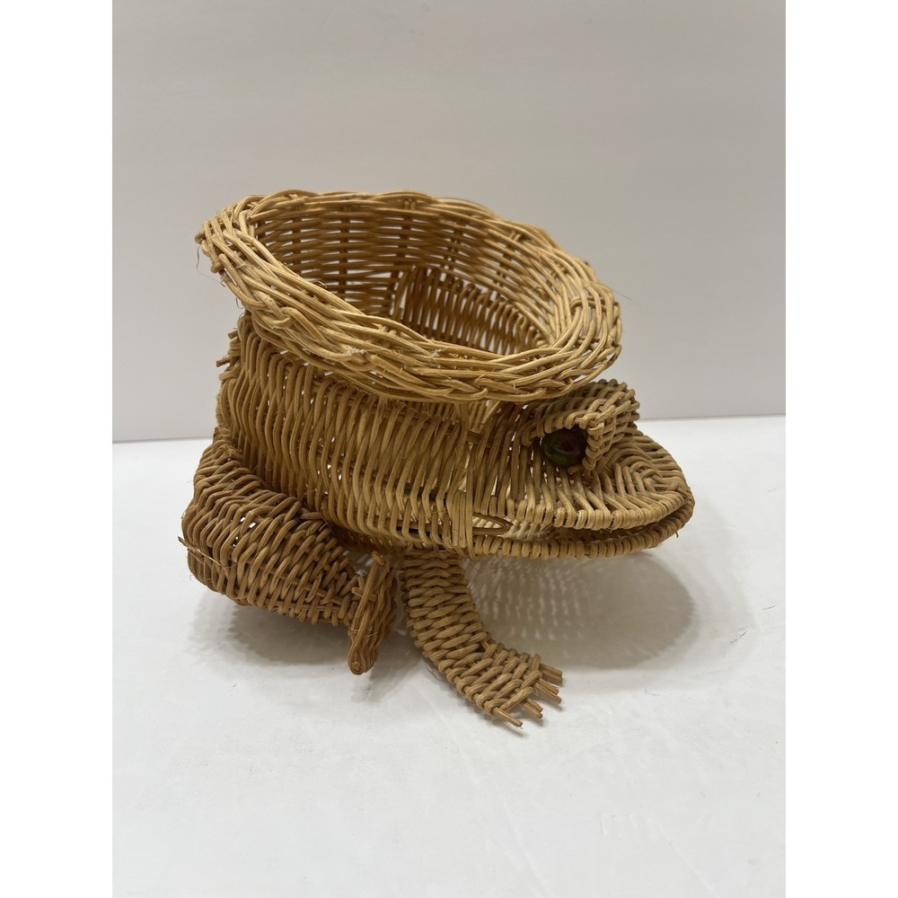 Vintage Woven Wicker Frog Planter Basket with Marble Eyes Boho 5.5x6" Brown